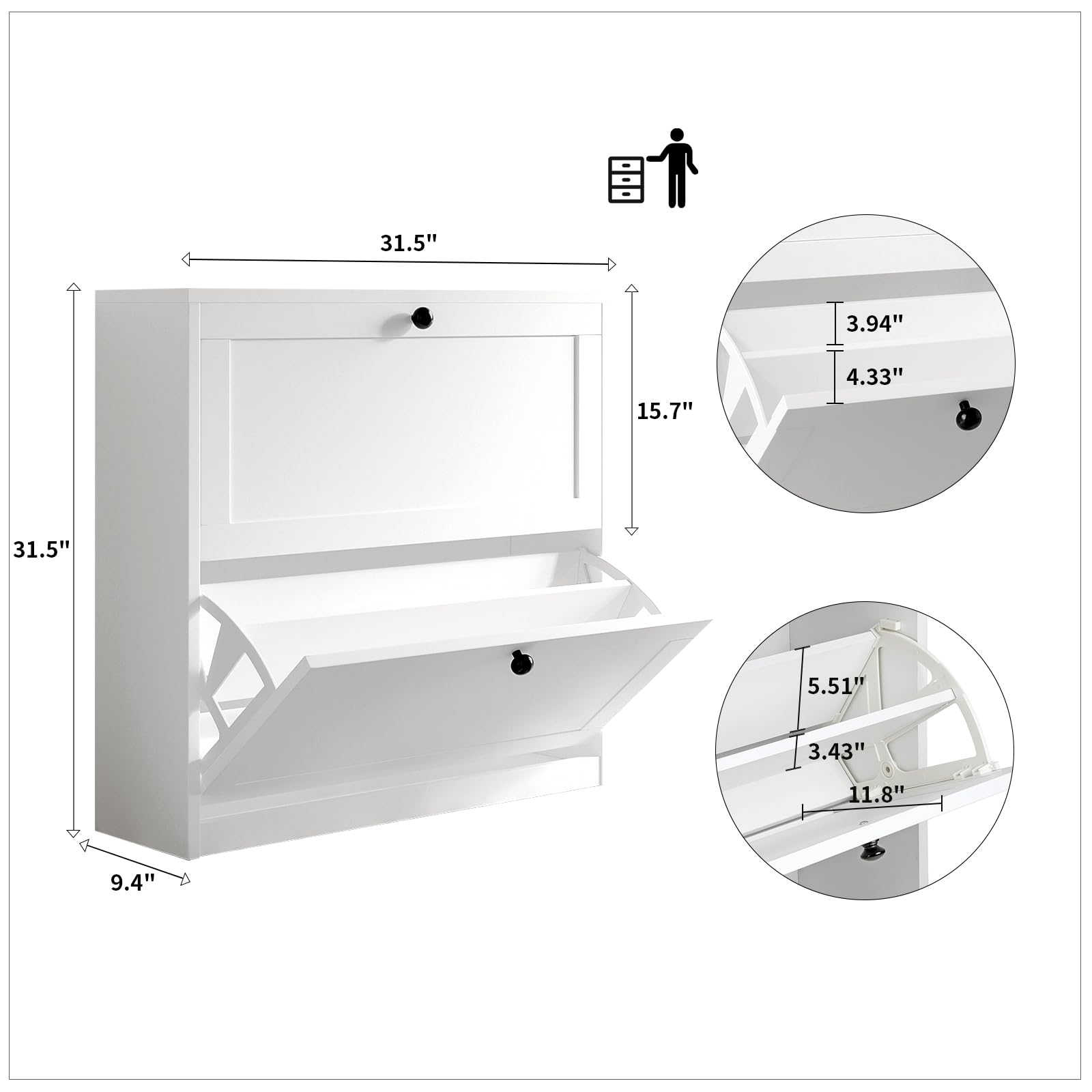 VOWNER Shoe Cabinet with 2 Flip Drawers, Freestanding Shoe Storage Cabinet with Adjustable Shelf & Anti-Tipping Device, Shoe Rack for Entryway, Hallway, Living Room (White)