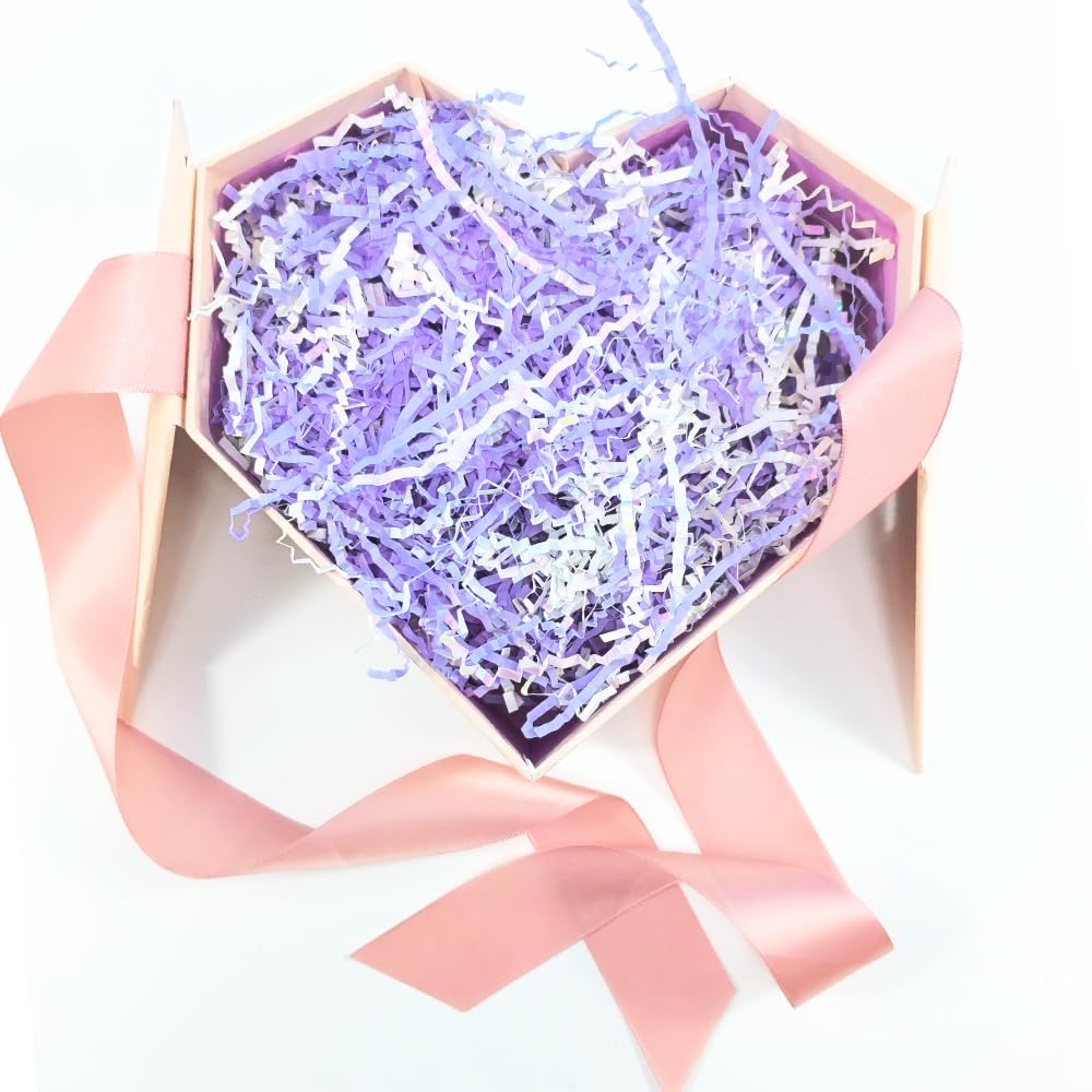 Amsthow Crinkle Cut Paper Gift Wrap Box Filler 1/2 LB Diamond White and Purple Shred Basket Raffia Grass Stuffing Raffia Grass for Christmas Decoration(Diamond White and Purple)