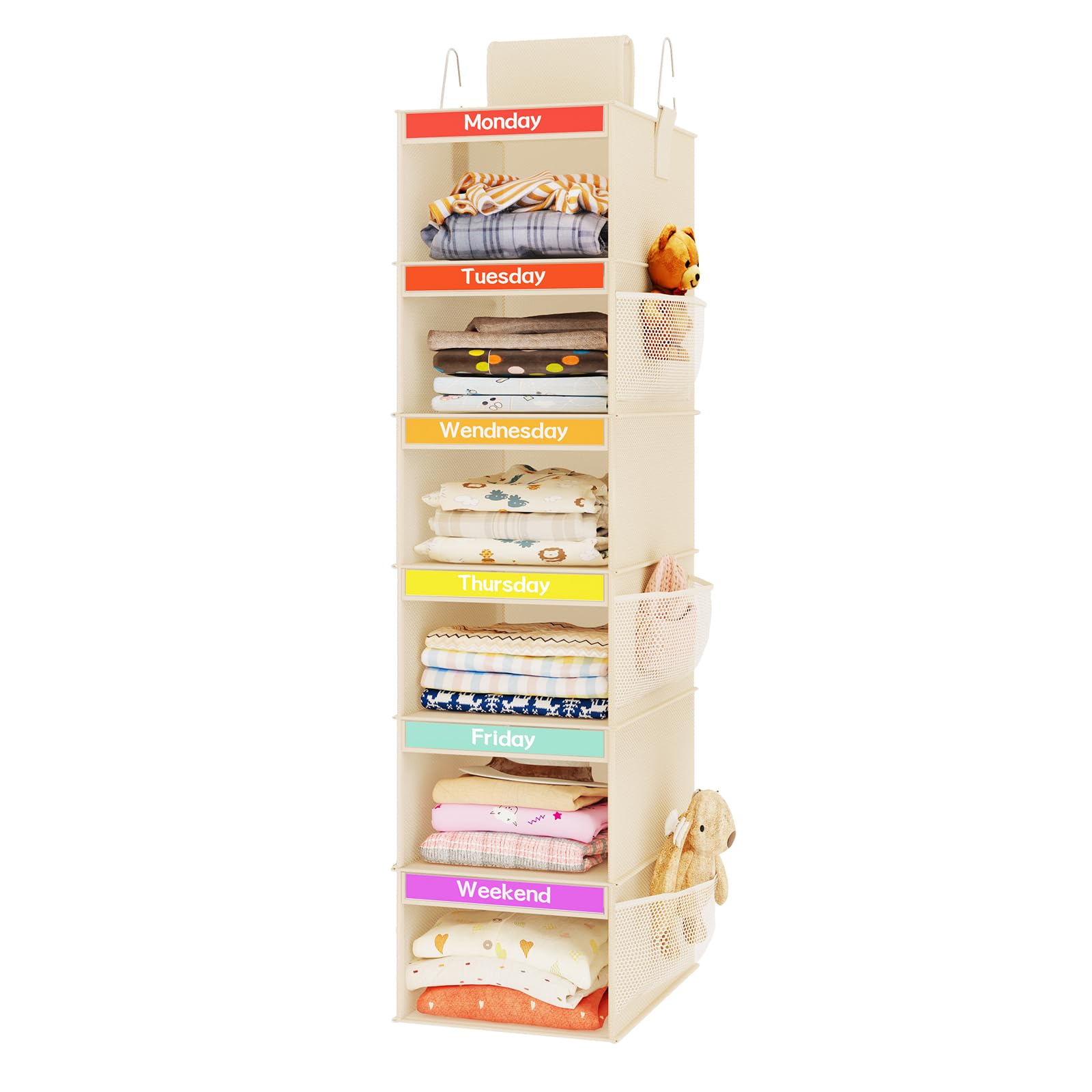 Fixwal 6-Shelf Weekly Hanging Closet Organizer for Kids, Kids Daily Clothes Organizers with 6 Side Pockets, Days of The Week Hanging Storage Shelves (Begie)