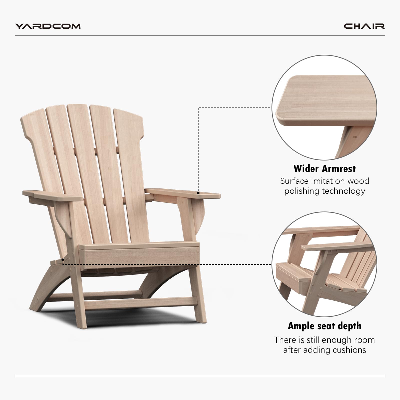 YARDCOM Adirondack Chair, 110°Ergonomics Plastic Extra Tall Adirondack Chairs, HDPE All-Weather Plastic Patio Outdoor Chair, High Foamed Polyethylene Fire Pit Chair(Natural)