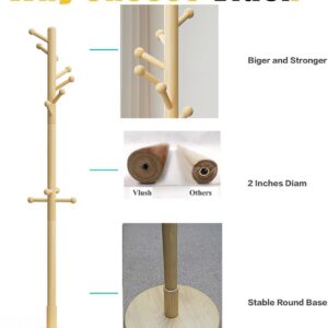 Vlush Freestanding Wooden Coat Rack Stand, Wood Hall Tree Coat Tree Hanger with 11 Round Hooks, Solid Round Base, 3 Adjustable Height for Hat, Clothes, Handbags,Umbrella, Natural