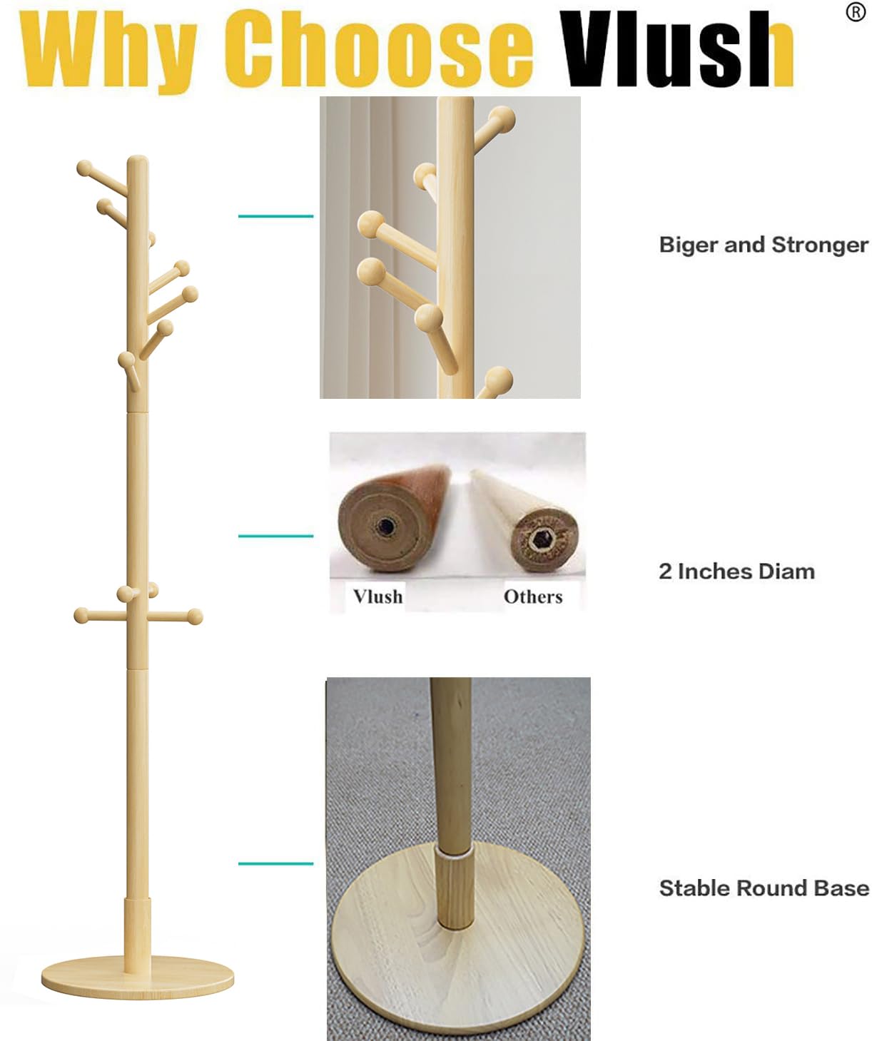 Vlush Freestanding Wooden Coat Rack Stand, Wood Hall Tree Coat Tree Hanger with 11 Round Hooks, Solid Round Base, 3 Adjustable Height for Hat, Clothes, Handbags,Umbrella, Natural