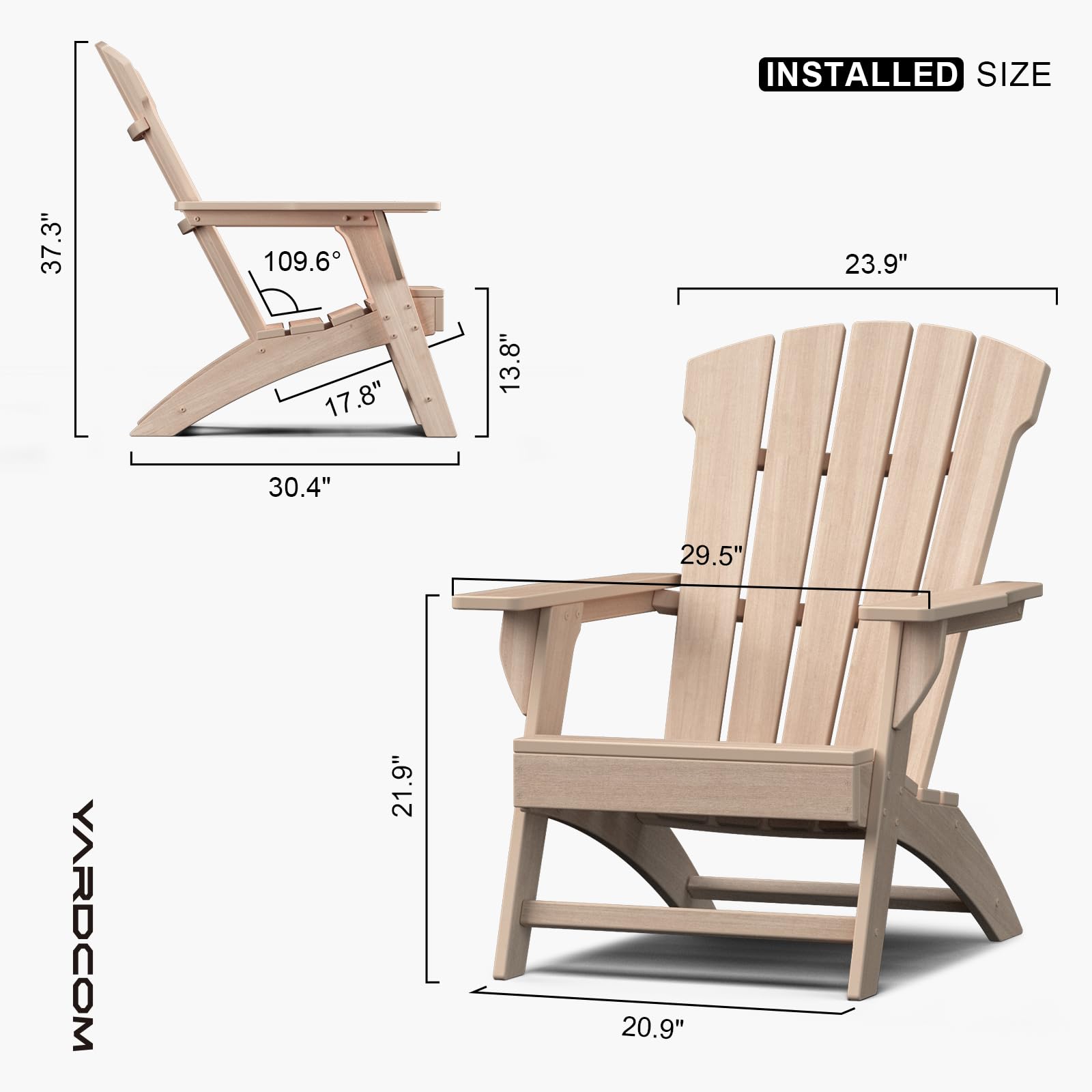 YARDCOM Adirondack Chair, 110°Ergonomics Plastic Extra Tall Adirondack Chairs, HDPE All-Weather Plastic Patio Outdoor Chair, High Foamed Polyethylene Fire Pit Chair(Natural)