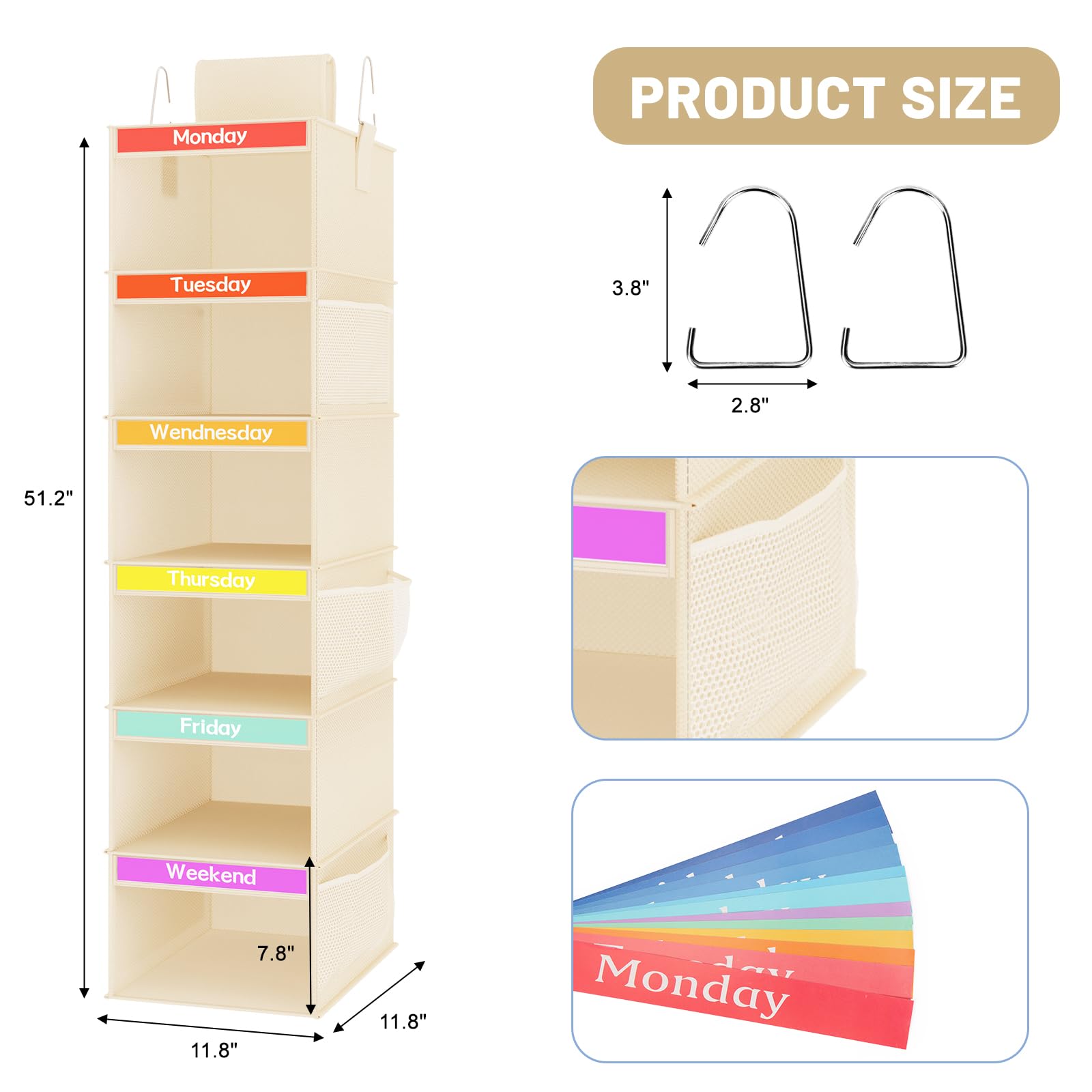 Fixwal 6-Shelf Weekly Hanging Closet Organizer for Kids, Kids Daily Clothes Organizers with 6 Side Pockets, Days of The Week Hanging Storage Shelves (Begie)