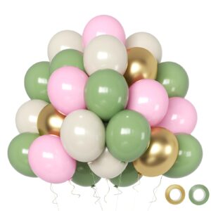 sage green pink balloons, 50pcs 12 inch green and pink balloons olive green light pink sand white metallic gold balloons for birthday decoration baby shower wedding party decoration