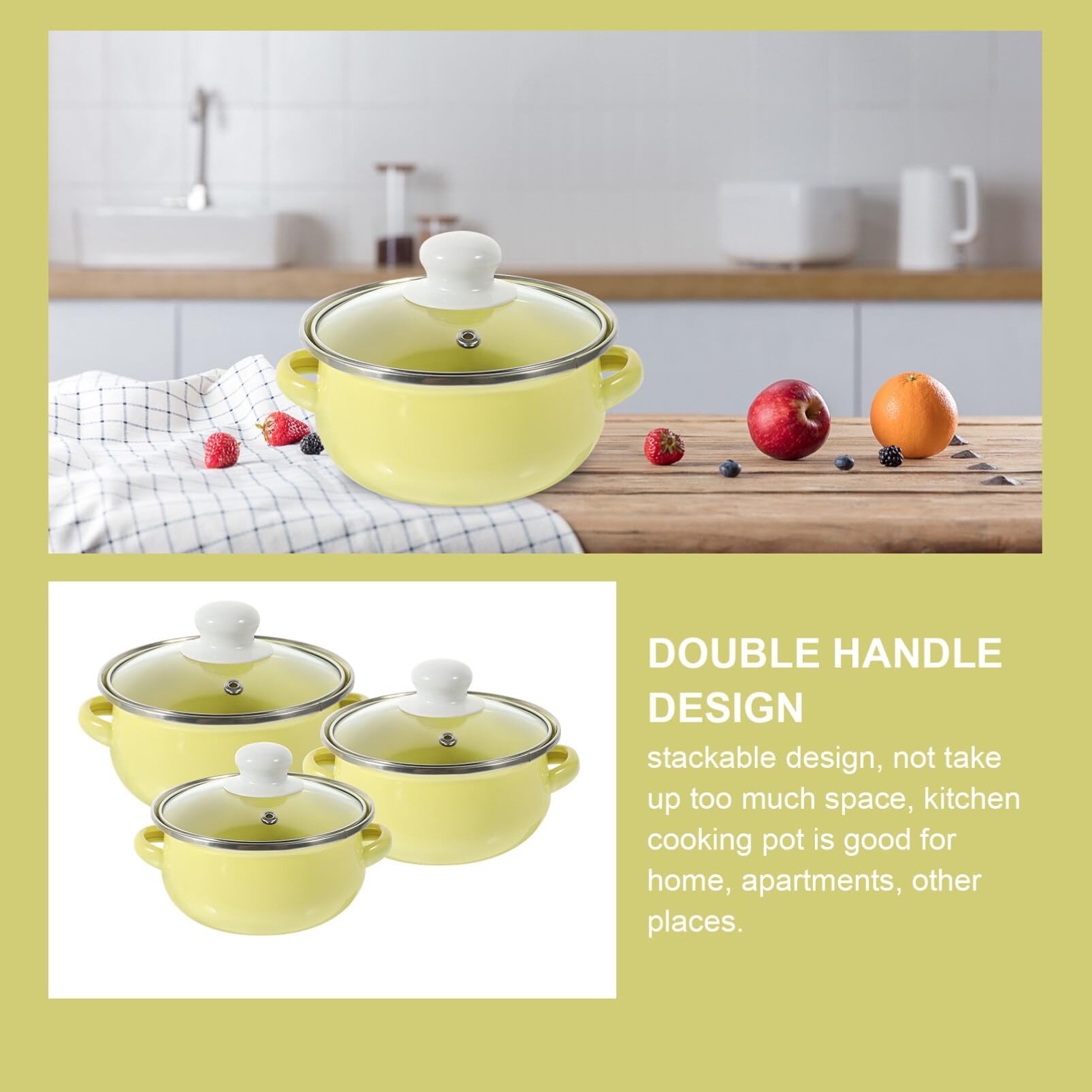 Luxshiny Enamel Stock Pot Set Enamelware Cooking Pot 3pcs Binaural Soup Pot Flat Bottom Pots with Lids Nonstick Gas Stove Cookware for Home Kitchen Restaurant Yellow