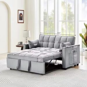 BIADNBZ 55" Convertible Loveseat Sleeper Sofa with Pull Out Bed, Modern Velvet Couch with Pillows & Side Pockets, Adjustable, for Small Space Living Room, Gray