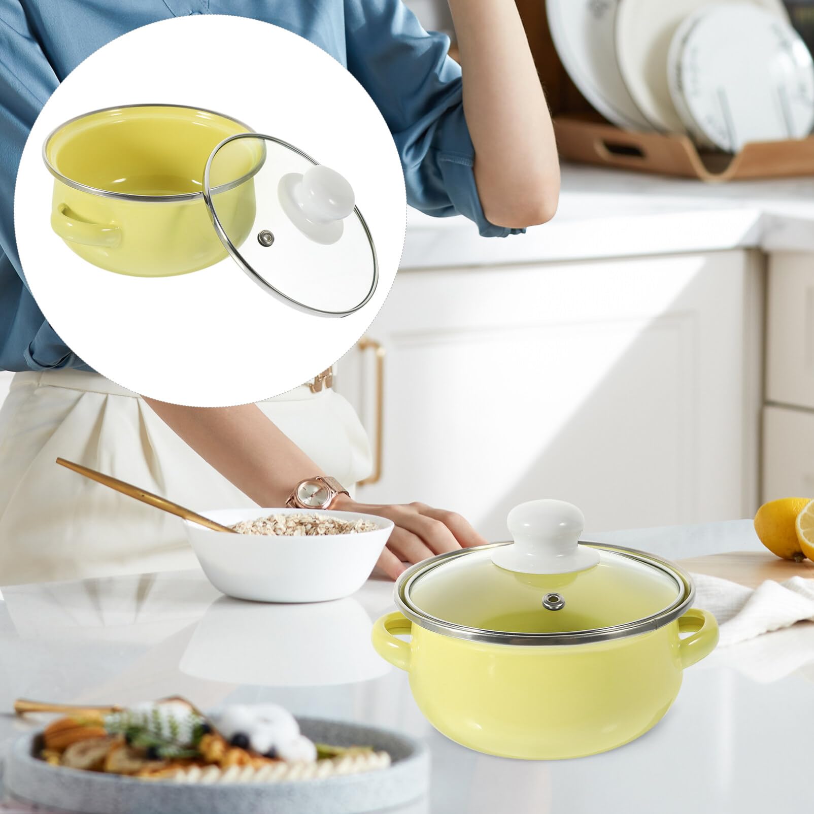 Luxshiny Enamel Stock Pot Set Enamelware Cooking Pot 3pcs Binaural Soup Pot Flat Bottom Pots with Lids Nonstick Gas Stove Cookware for Home Kitchen Restaurant Yellow