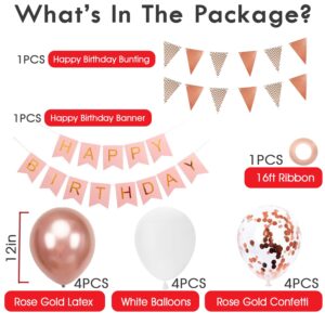 Buygain Happy Birthday Banner and Buntings, Happy Birthday Decorations Rose Gold Set Contains12inch Balloons, Ribbons and Birthday Banners, Happy Birthday Decorations For Women