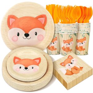 yoande 194 pcs fox duck bird theme birthday party supplies woodland animal face paper dessert plates knives forks spoons cups napkins for kids girl boy baby shower tableware set serves 24 (fox)