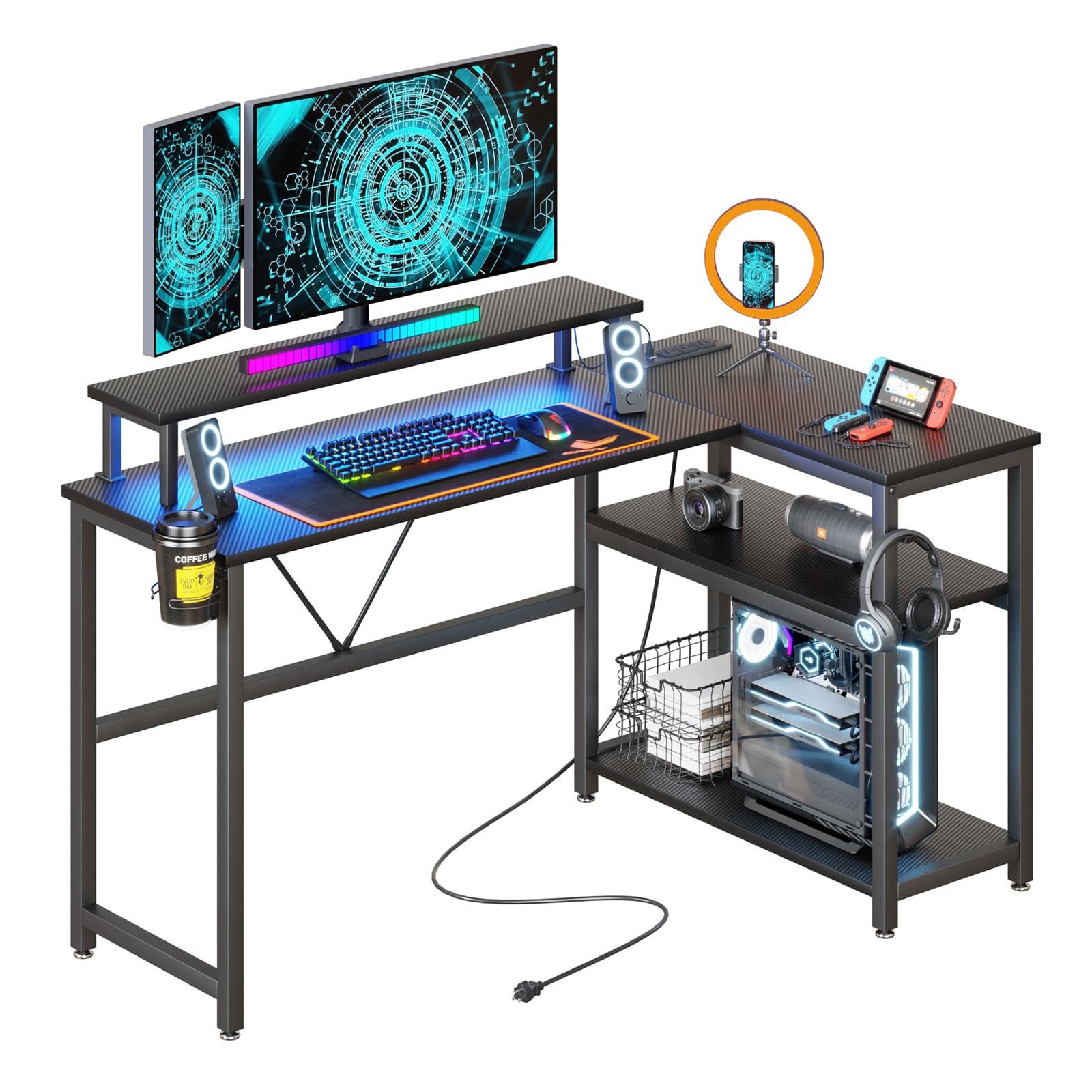 HEEYUE L Shaped Gaming Desk with Power Outlets & LED Strip Lights,Computer Desk with Large Monitor Stand,Corner Desk with Storage Shelf,Headphone Hook&Cup Holder for Home Office