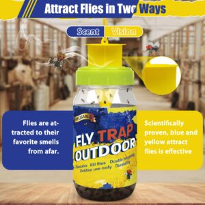 Glovv 2 Pack Reusable Fly Traps Outdoor Jar with Natural Flies Trap Refill and Sponge Brush, Bug Catcher and Ranch Fly Hunter Insect Repellent Killer for Stable Horse, Garden