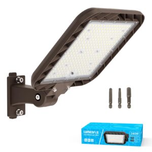 lumenfox 240w led parking lot lights outdoor, shoebox led parking lot light adjustable arm mount 5000k 36000lm 150lm/w parking light with dusk to dawn photocell ip65 waterproof for street public park