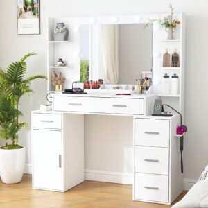 Vanity Desk with Lights and Power Strip, Makeup Vanity Table Lots Storage with 5 Drawers & 1 Cabinet, 3 Light Colors with Adjustable Brightness, Large Vanity 47.3'' (W)