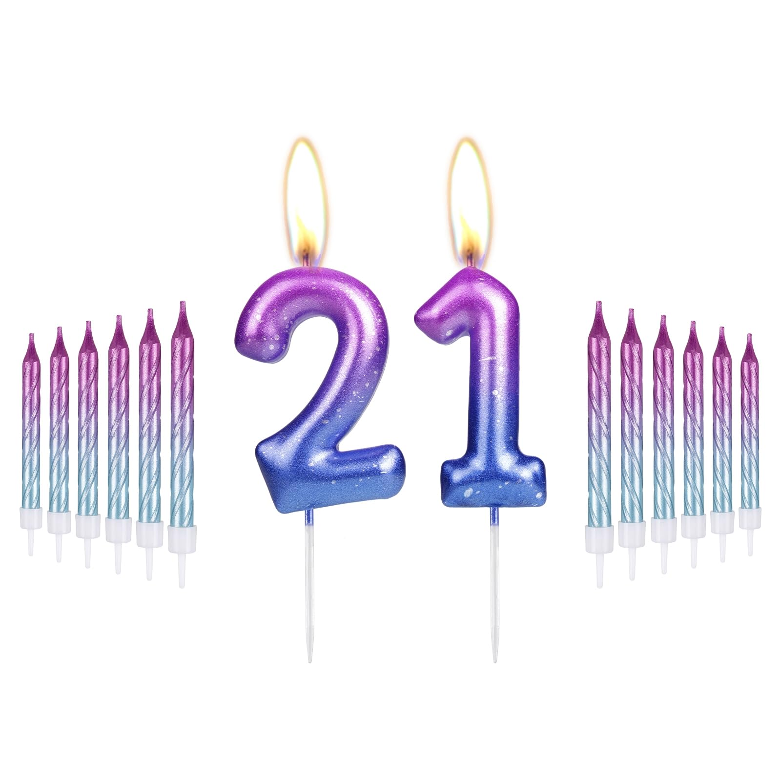 iNINGER 21th Birthday Candles Purple to Blue Gradient Candle with 12 Pcs Gradient Spiral Candle for 21th Birthday Candles Decorations for Women Number 21 Candles Wedding Anniversary Decorations