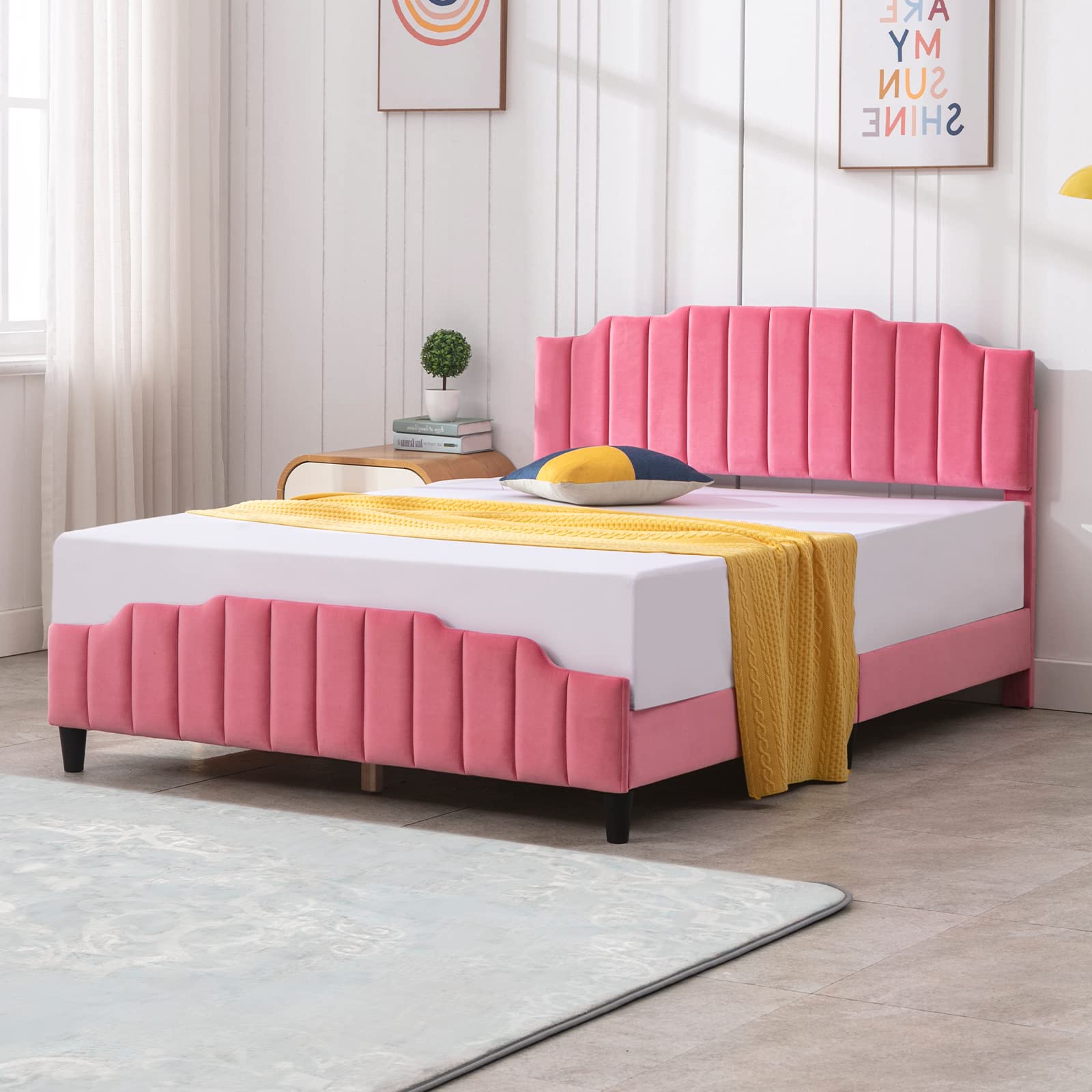 CECER Twin Size Bed Frame for Kids, Upholstered Platform in Linen Fabric, Strong Frame and Sturdy Slats Support, No Box Spring Needed, Easy Assembly (Princess, Twin)