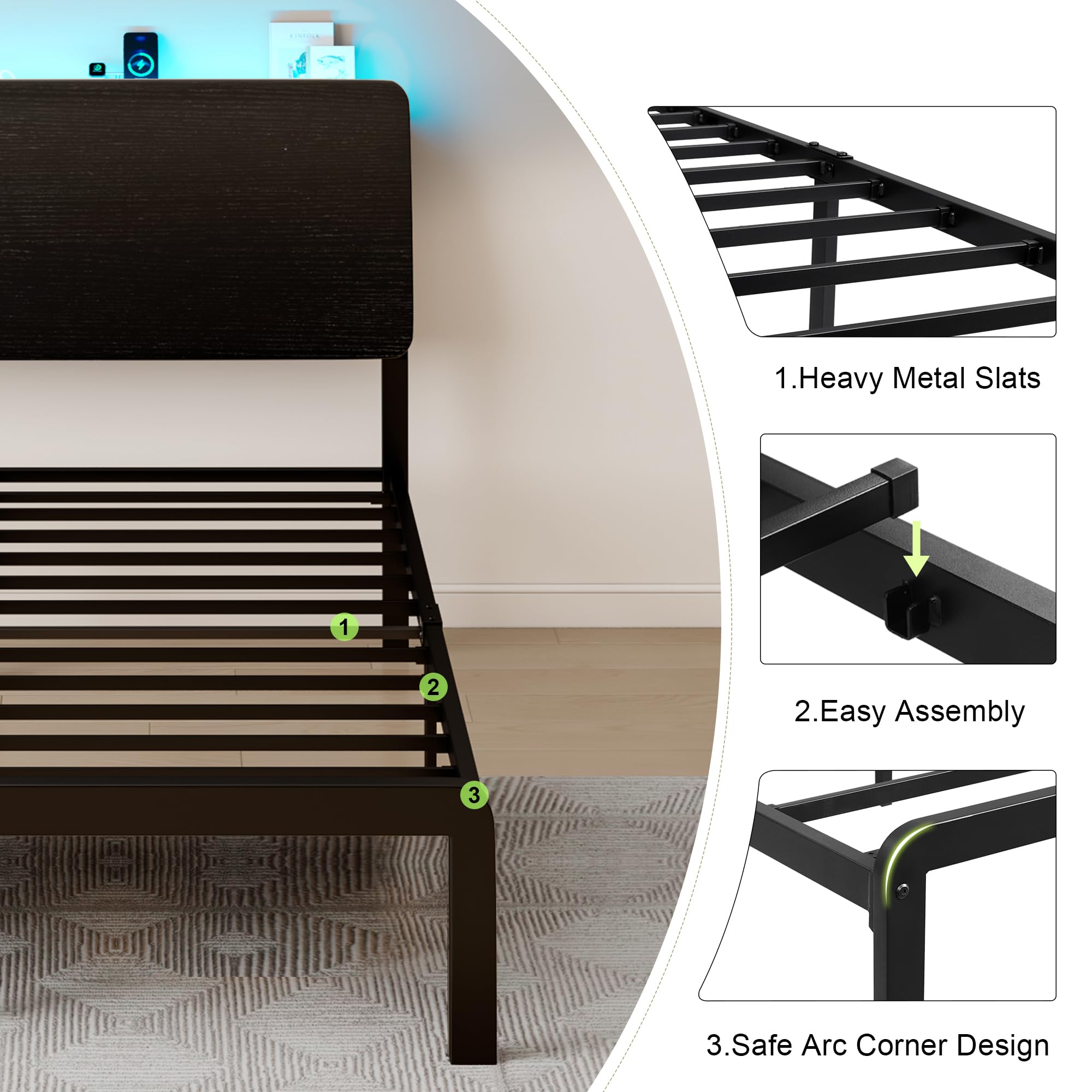 Feonase Twin Bed Frame with Ergonomic Storage Headboard & Charging Station, LED Platform Bed Frame, Heavy Duty Metal Slats, No Box Spring Needed, Easy Assembly, Black