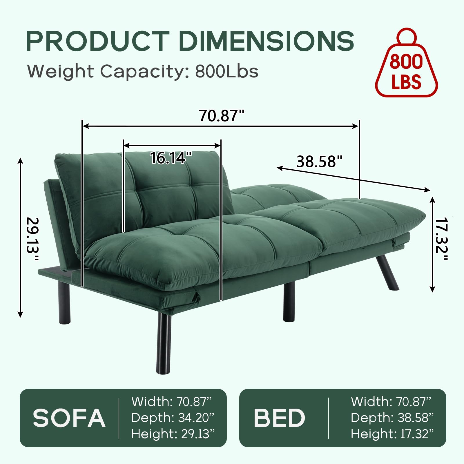 Sudwesto 70.87'' Futon Sofa Bed, Velvet Upholstered Convertible Sofa Bed with Adjustable Armrests and Backrest, Button Tufted Sleeper Sofa Bed with Iron Legs, Fold Sofa Bed (Emerald)