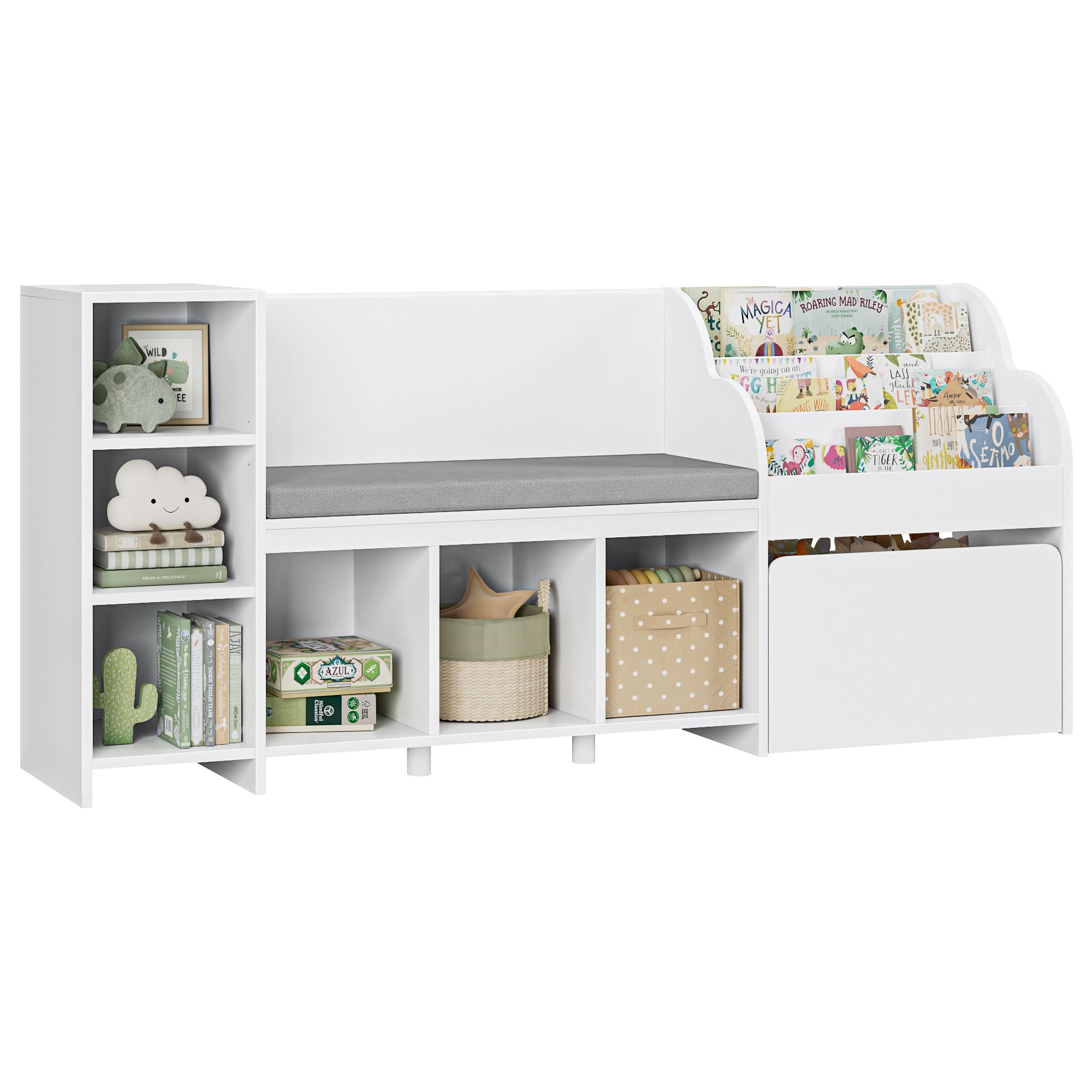 HOSTACK 67" Kids Reading Nook with Bench, Kids Bookshelf and Bookcase with Seat Cushion and 6 Storage Cubbies, Toy Storage Box on Wheels, Toy Chest for Playroom, Bedroom, School, White