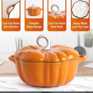 SOBEIT Pumpkin Dutch Oven Pot with Lid l Enamel Cast Iron Pumpkin Dutch Oven l 3.5 QT Pumpkin Pot l Interior Enamel Coating l Cast Iron Horn Knob l Fit For All Most Stove l Oven Safe to 500° F (Orange)