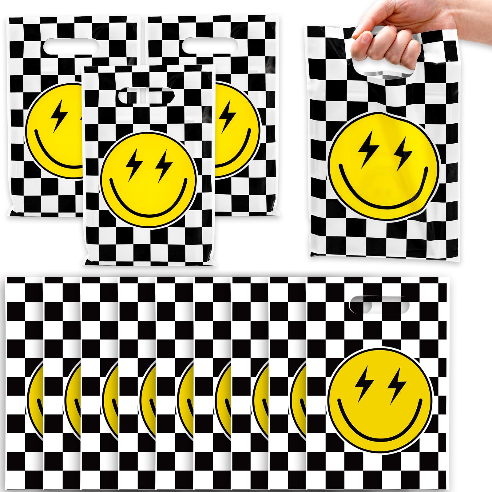 Whaline 72Pcs One Happy Dude Party Favor Bags Smile Face Checkered Plastic Treat Bags Goodie Candy Bags for Birthday Baby shower Party Gift Wrapping Supplies