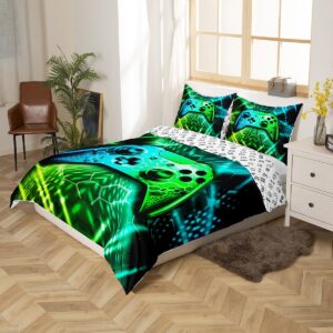 Gamepad Bedding Sets for Boys,Reversible Gaming Duvet Cover Set Twin Size,Video Games Geometry Comforter Cover,Bed Set for Kids Bedroom,Gamepad Controller,2 Pcs with 1 Pillow Case,Blue Green Neon