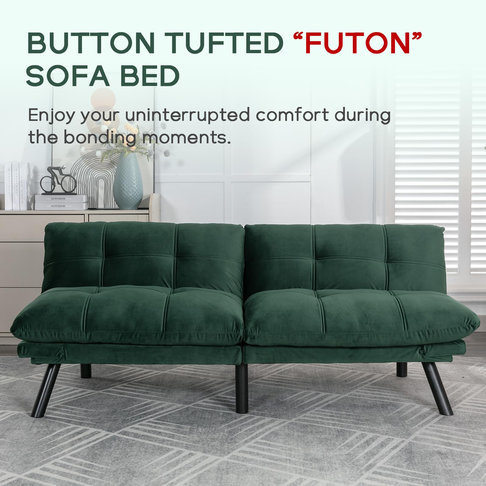 Sudwesto 70.87'' Futon Sofa Bed, Velvet Upholstered Convertible Sofa Bed with Adjustable Armrests and Backrest, Button Tufted Sleeper Sofa Bed with Iron Legs, Fold Sofa Bed (Emerald)