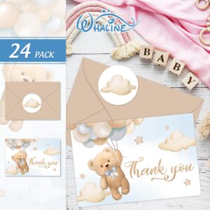 Whaline 24Pcs Bear Thank You Cards Watercolor Bear Balloon Greeting Cards with Envelope Stickers Cartoon Blank Note Cards for Birthday Wedding Baby Shower Party Supplies, 4 x 6 Inch