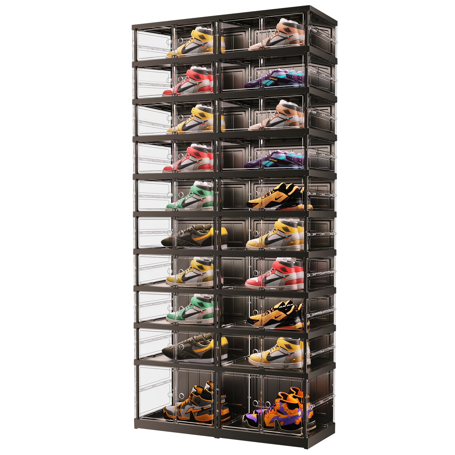 EHAMILY 10 Tiers 20-40 Pairs Foldable Shoe Boxes Large Plastic Shoe Storage Rack Collapsible Shoe Organizer for Closet Clear Stackable Shoes Shelf Storage Cabinet with Doors Quick Assembly Black