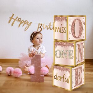 Guiruiy 3Pcs 1st Birthday Boxes Party Supplies for Baby Girl, Pink Rose Gold Miss Onederful 1st Birthday Balloons Boxes Decoration, Pink One Year Old Birthday Theme Cardboard Box Decor