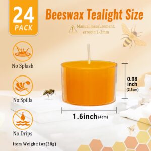 Round Shape Beeswax Tealight Candles, 24 Pack Handmade Natural Beeswax Tea Light Candles Set, Clear Cup Yellow Bees Wax Tealight 9 Hour Burn Time for Home Decor, Shabbat, Wedding, Emergency