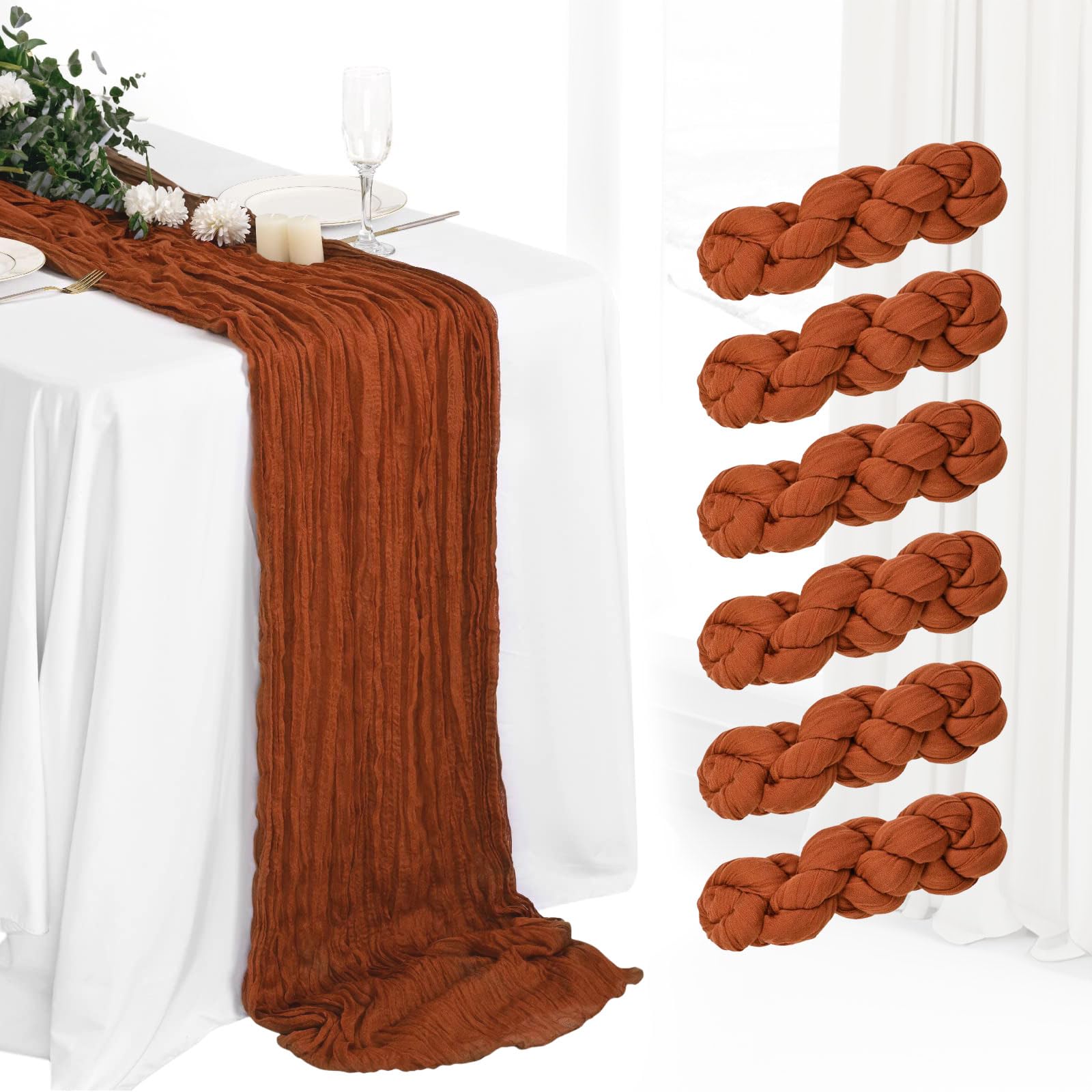 6 Pack Cheesecloth Table Runner 10Ft Boho Gauze Table Runner Cheese Cloth Long Rustic Sheer Table Runner for Wedding Bridal Baby Shower Birthday Party Cake Table Arbor Decorations (Terracotta)