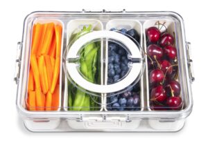 yfuif portable fruit storage containers for fridge, 4 compartments snack box container, bpa-free divided serving tray with lid for veggie, clear snack tray candy tray (1, 4 compartment-1 pack)