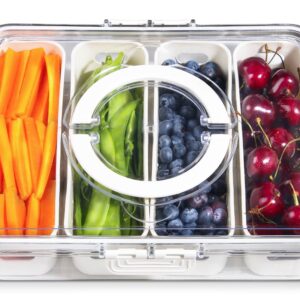 YFUIF Portable Fruit Storage Containers for Fridge, 4 Compartments Snack Box Container, BPA-Free Divided Serving Tray with Lid for Veggie, Clear Snack Tray Candy Tray (1, 4 Compartment-1 Pack)