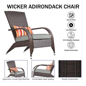 Wicker Adirondack Chair Fire Pit Chairs Oversized Comfy Patio Chairs Outdoor Wicker Rattan Chairs with Cushion Grey Low Deep Seating High Back with Pillow for Outside Backyard Deck Porch Lawn