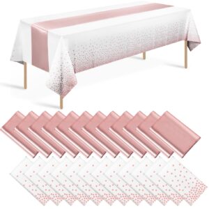 24 pack rose gold tablecloth and table runner set party decorations, white and rose gold plastic disposable tablecloth and satin table runner for wedding birthday bridal graduation anniversary party