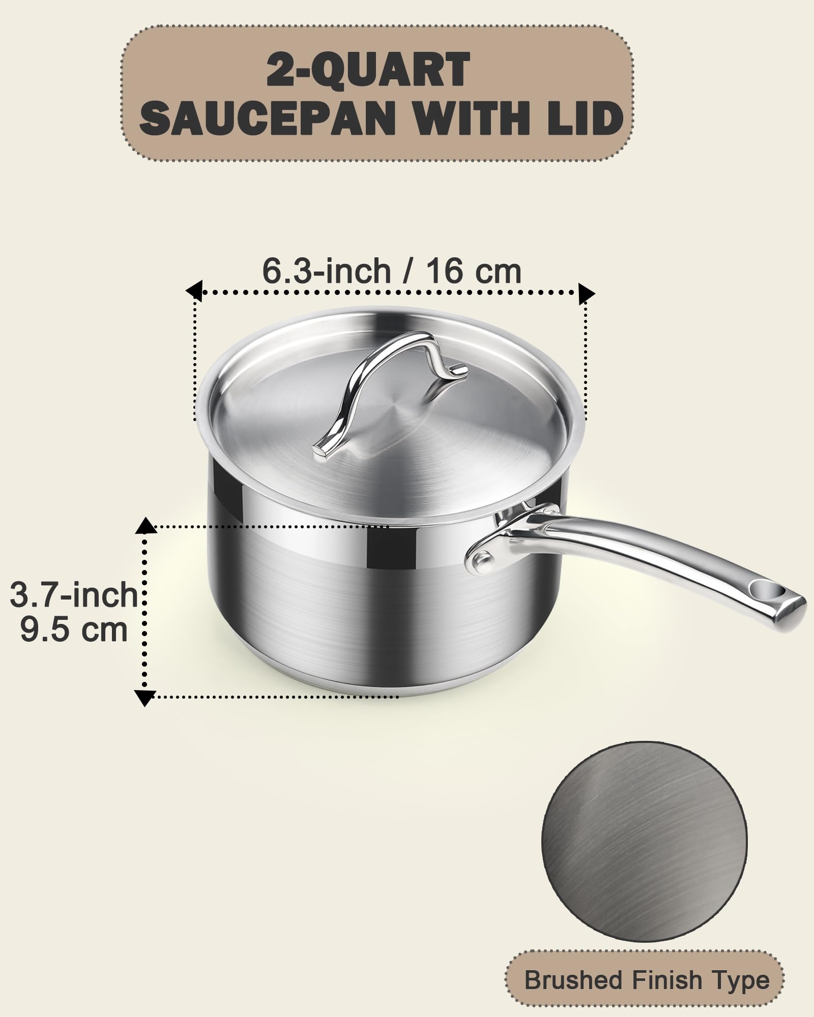 Cooks Standard Saucepan with Lid 18/10 Stainless Steel, 2-Quart Professional Sauce pot Mini Milk Pan, Oven Safe 500℉, Compatible with All Stovetops