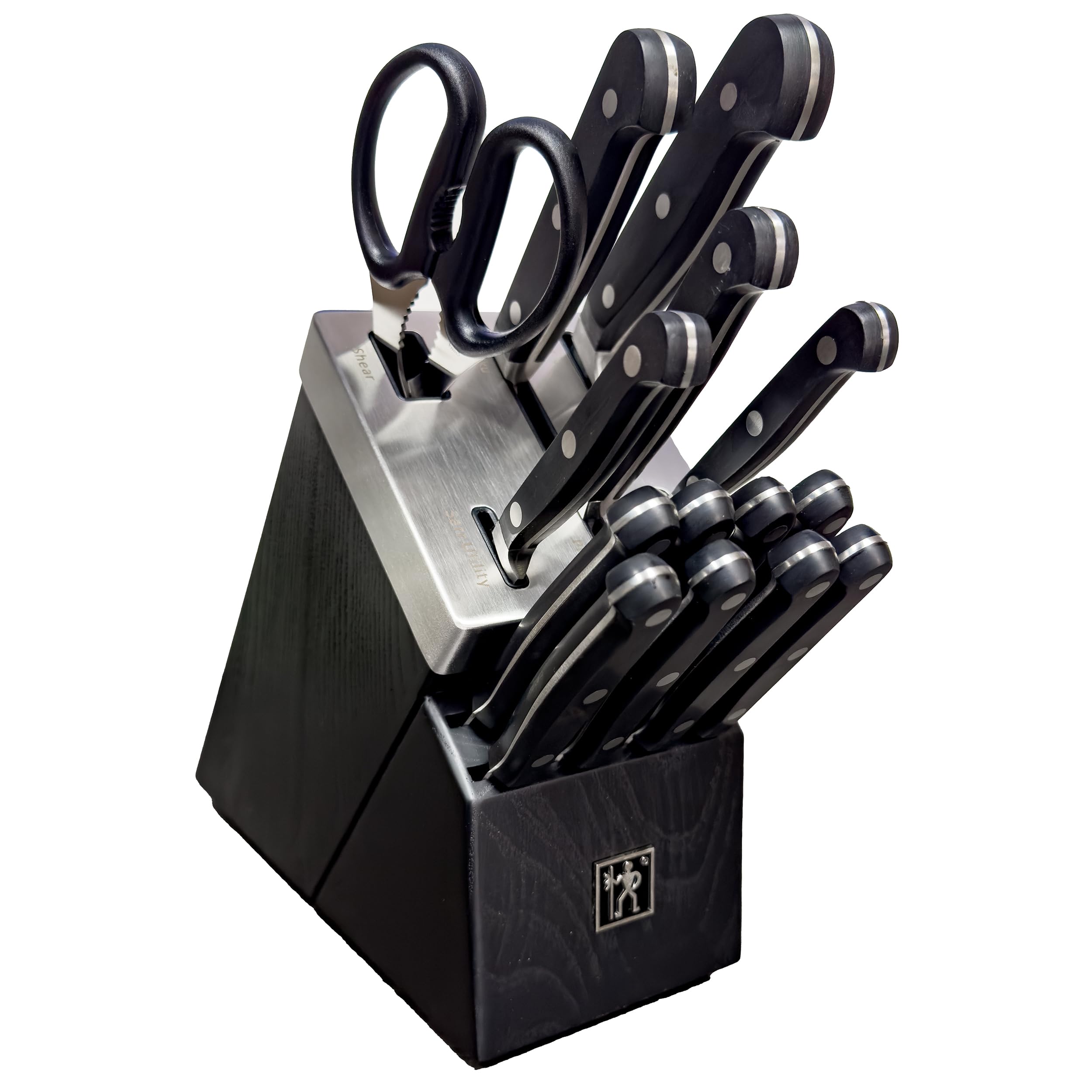 Henckels Classic 15-pc Self-Sharpening Knife Block Set | 8 Steak Knives, Paring Knife, Serrated Utility Knife, Prep Knife, Santoku Knife, Chef’s Knife, & Kitchen Shears, Black Block