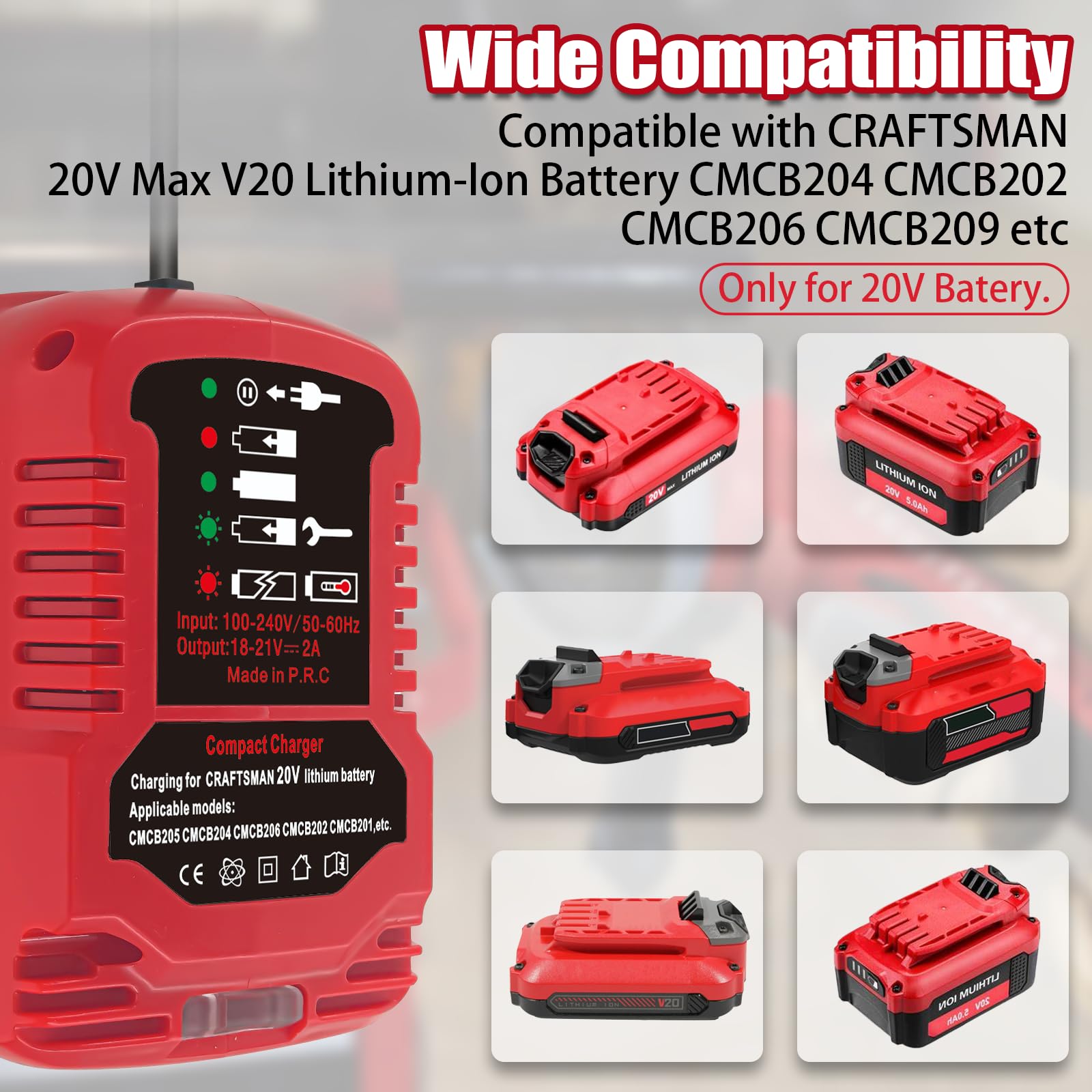 Laimiao Replacement Mini Charger for Craftsman 20V Battery,Compatible with Craftsman V20 Lithium Battery CMCB204 CMCB202 CMCB201 CMCB209 CMCB205 (Only for V20 Series，Battery Not Included)