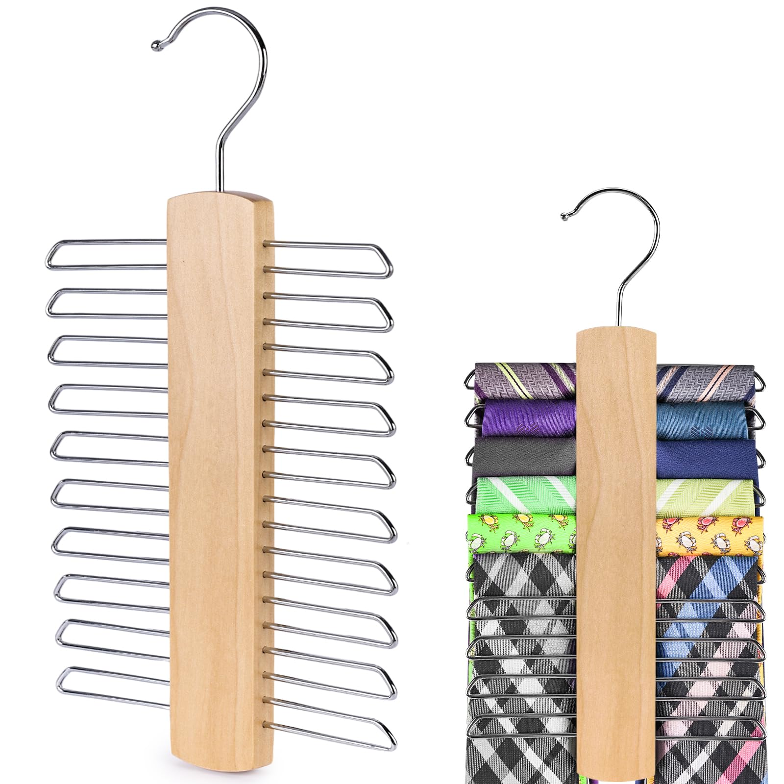 BigOtters Wooden Tie Hanger, Hanging Tie Holder Tie Organizer for Closet Tie Rack Necktie Belt Hanger 20 Hooks 360°Rotating for Scarf Belt