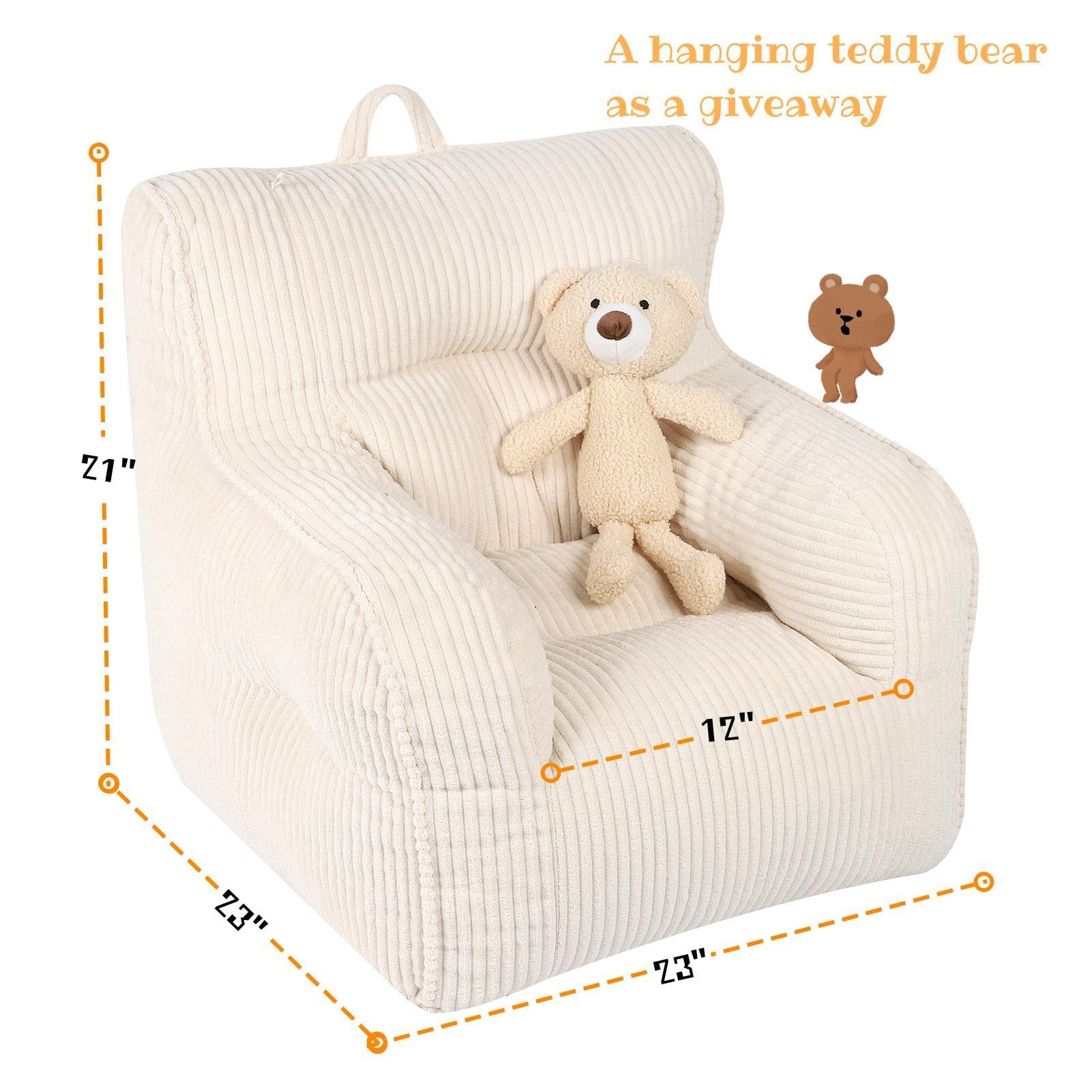 MOMCAYWEX Kids Bean Bag Chair with a Plush Bear, Comfy Toddler Chair for Boys and Girls, Beige