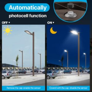 lumenfox 240W LED Parking Lot Lights Outdoor, Shoebox LED Parking Lot Light Adjustable Arm Mount 5000K 36000LM 150LM/W Parking Light with Dusk to Dawn Photocell IP65 Waterproof for Street Public Park