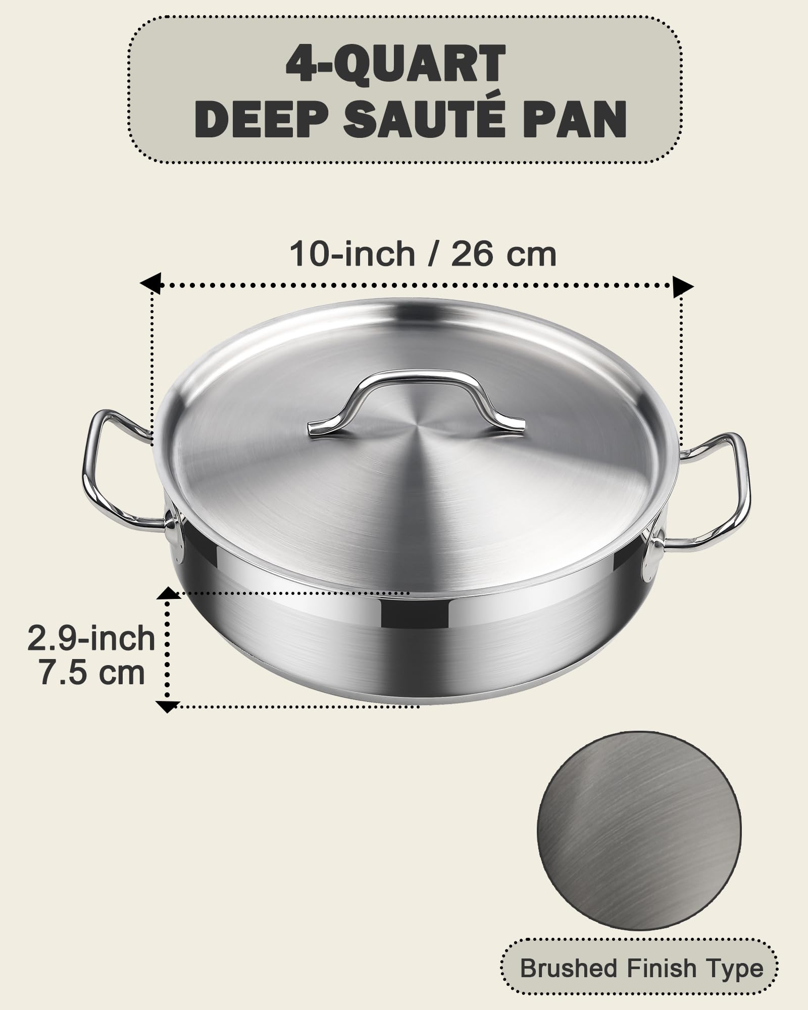 Cooks Standard Deep Sauté Pan with Lid, 4-Quart Professional Deep Frying Pan 18/10 Stainless Steel Chef’s All Purpose Pan with Cover, Compatible with All Stovetops