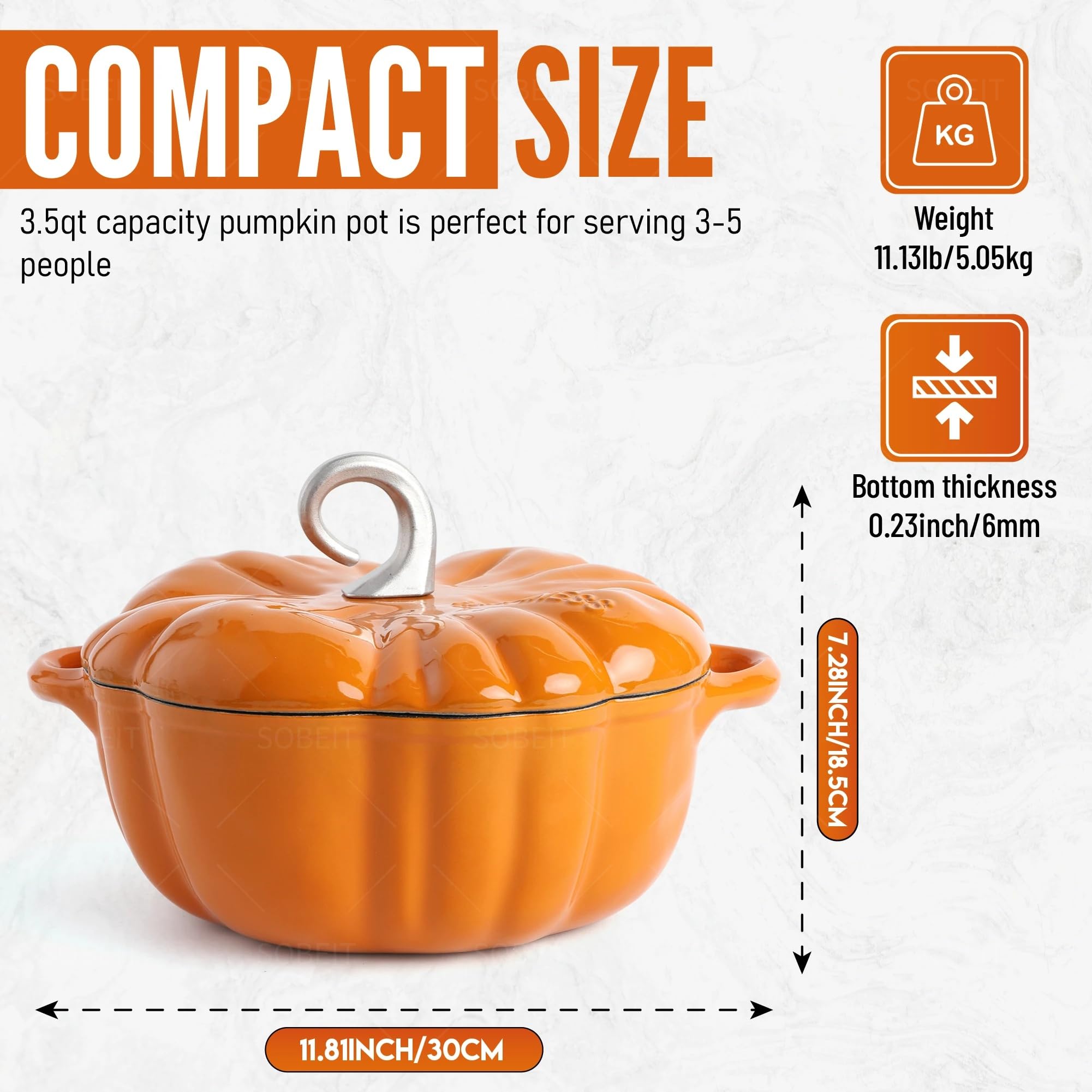 SOBEIT Pumpkin Dutch Oven Pot with Lid l Enamel Cast Iron Pumpkin Dutch Oven l 3.5 QT Pumpkin Pot l Interior Enamel Coating l Cast Iron Horn Knob l Fit For All Most Stove l Oven Safe to 500° F (Orange)