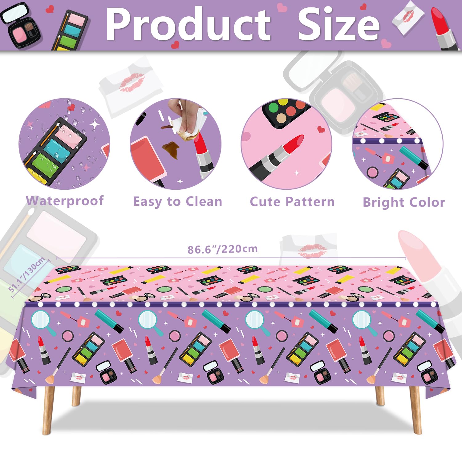 4 Pack Spa Theme Tablecloth Spa Makeup Party Tablecovers 51 x 86 '' Disposable Plastic Makeup Theme Table cover for Girls Spa Makeup Party Birthday Party Decorations Baby Shower Party (Makeup-4)