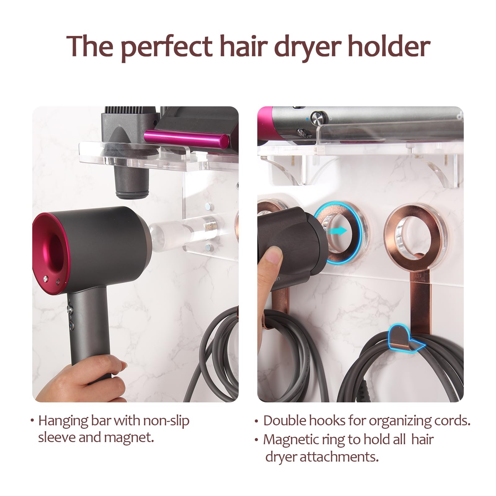 Floatant Wall Mount Holder Compatible with Dyson Airwrap Styler Supersonic Hair Dryer, 2 in 1 Blow Dryer Accessories Organizer Storage Rack for Curling Iron Wand Barrels Brushes Diffuser Nozzles