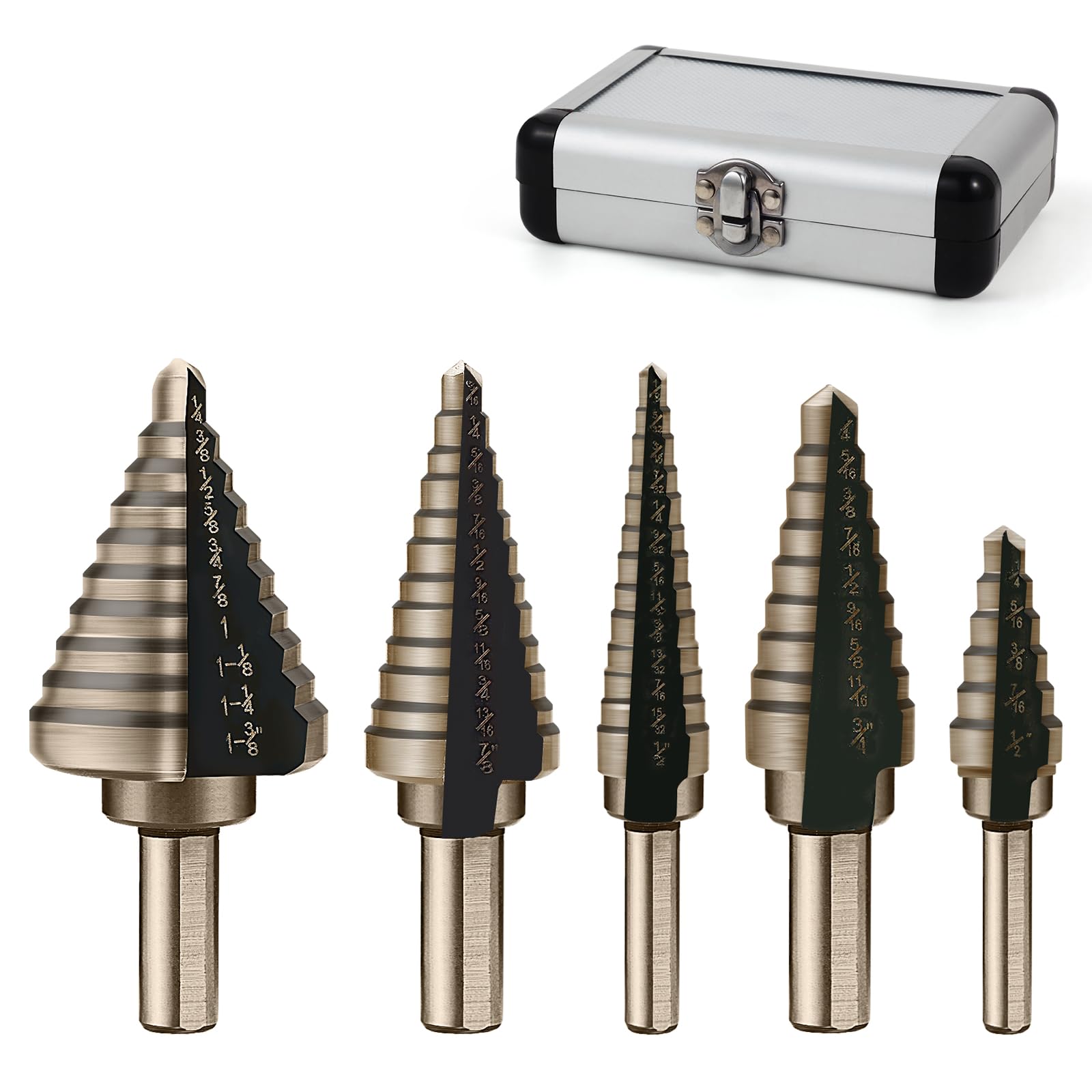 Aleric Step Drill Bit Set - 5 Pcs HSS Titanium Step Drill Bits,High Speed Steel Step Bits for Metal,Wood,Plastic, Step Bit,Multiple Size Hole Cutting Drilling Cone Unibit Step Drill Bit for DIY Lovers