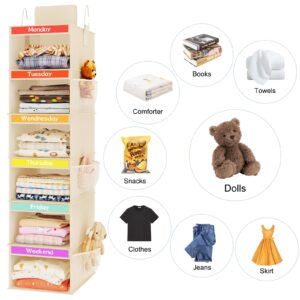 Fixwal 6-Shelf Weekly Hanging Closet Organizer for Kids, Kids Daily Clothes Organizers with 6 Side Pockets, Days of The Week Hanging Storage Shelves (Begie)