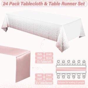 24 Pack Rose Gold Tablecloth and Table Runner Set Party Decorations, White and Rose Gold Plastic Disposable Tablecloth and Satin Table Runner for Wedding Birthday Bridal Graduation Anniversary Party