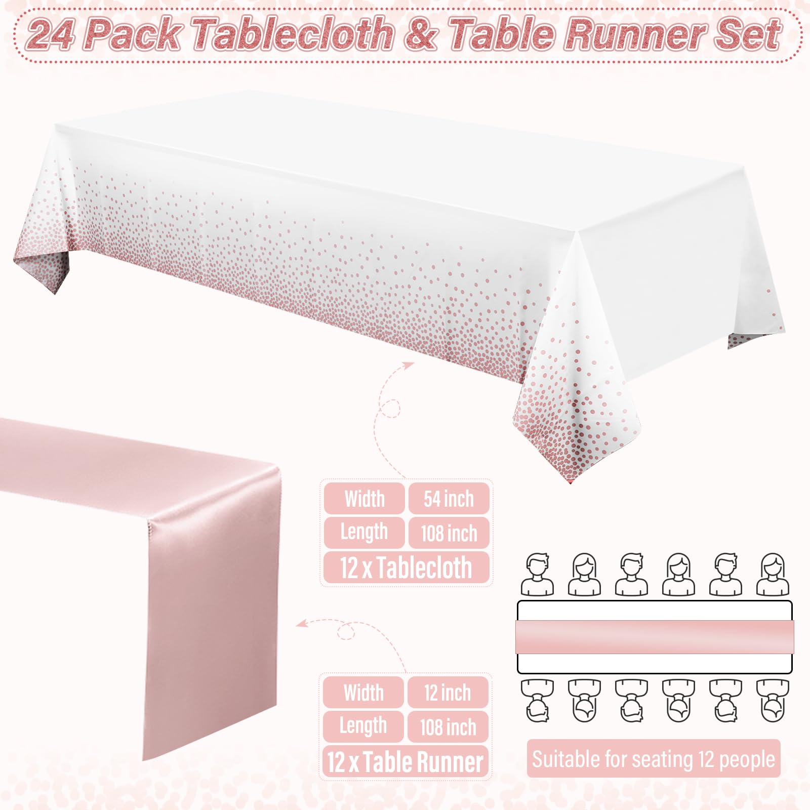 24 Pack Rose Gold Tablecloth and Table Runner Set Party Decorations, White and Rose Gold Plastic Disposable Tablecloth and Satin Table Runner for Wedding Birthday Bridal Graduation Anniversary Party